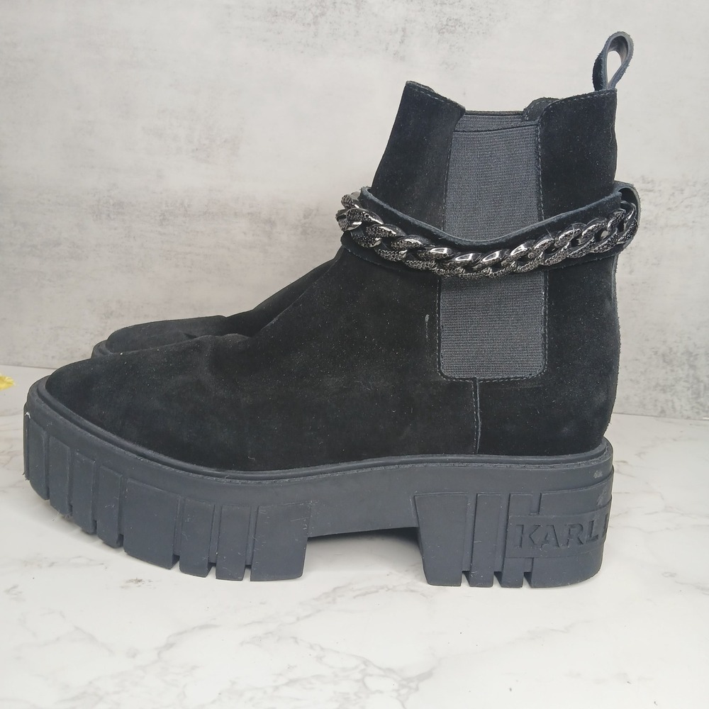 Karl Lagerfeld Reign Black Suede Chain Lug Sole Chelsea Ankle Boots Womens 8.5